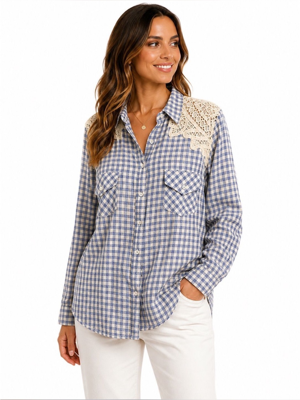 Lola P Gingham Button-Down Shirt with Crochet Yoke